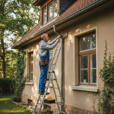Hausmeister repariert Rohr am Haus.