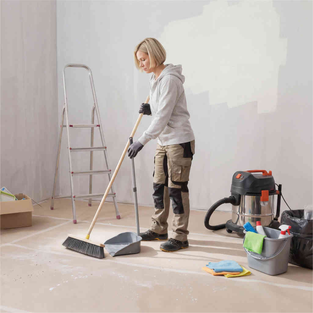 Baureinigung nach Neubau und Sanierung. Fachkraft reinigt die Innenraeume nach Baumassnahmnen