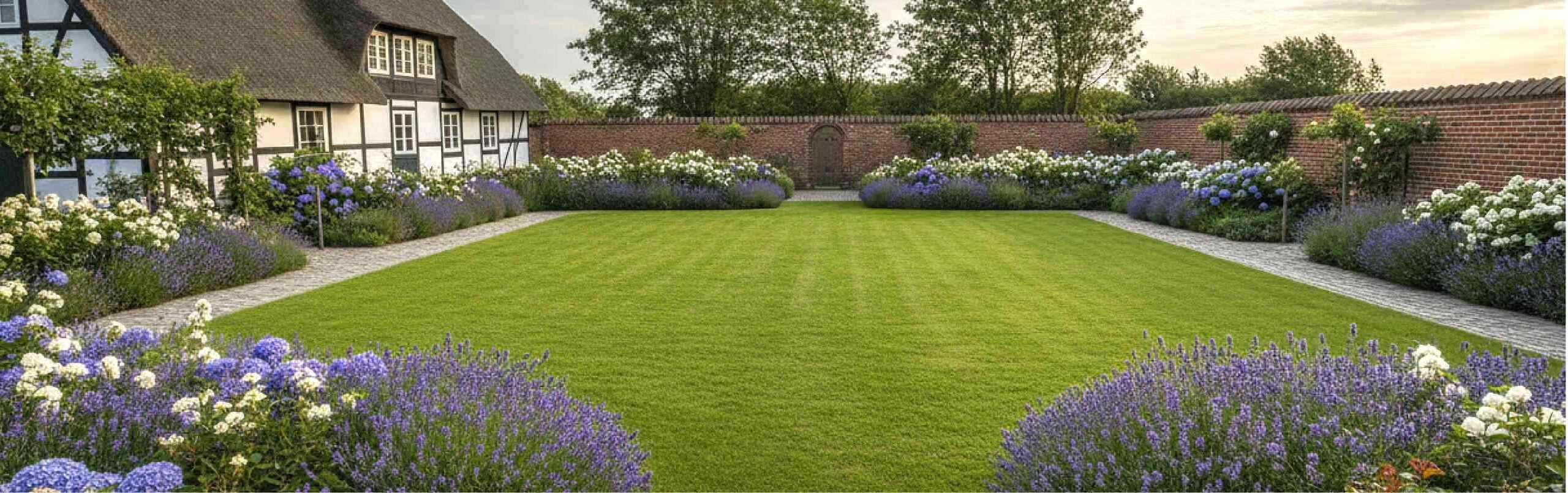 Garten mit bluehenden Beeten und gepflegten Rasen