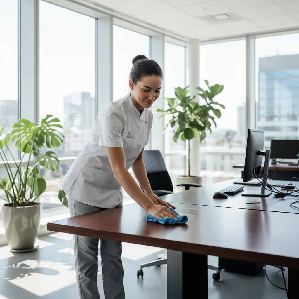 Büroreinigung: Eine Reinigungskraft reinigt die Schreibtische und Bueroraeume.