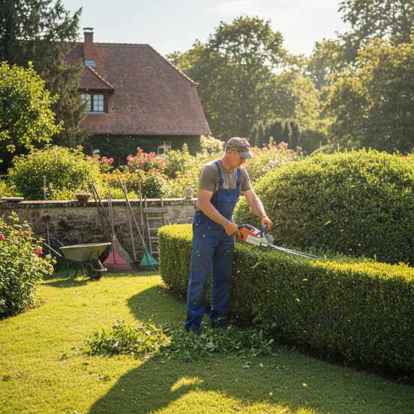 Hausmeister beim Heckenschneiden im Garten.